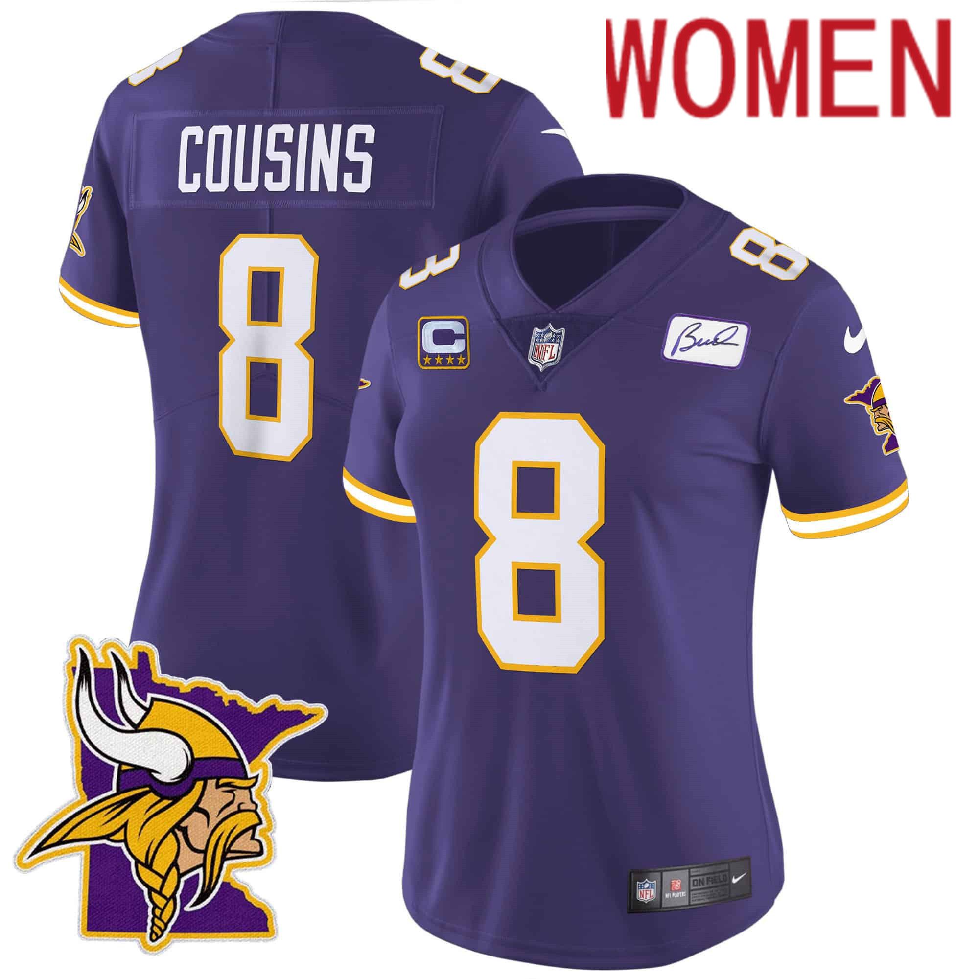 Women Minnesota Vikings #8 Cousins Purple 2024 Nike Patch Classic Limited NFL Jersey style 1